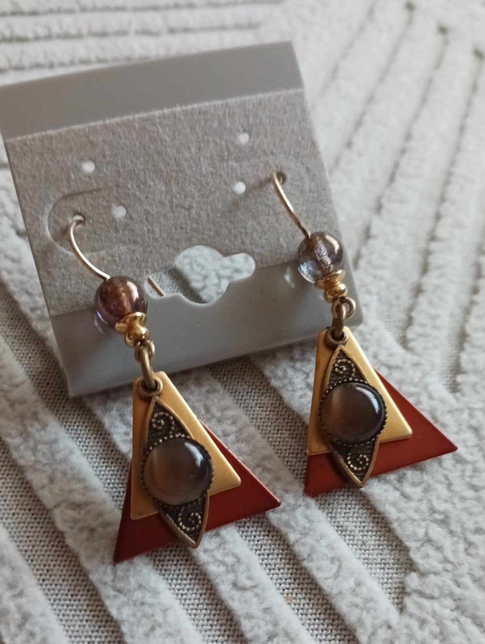Vintage-Inspired Tigerseye  Gold and Copper Triangle Drop Earrings